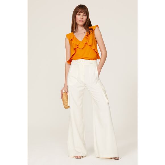 MARISSA WEBB COLLECTIVE Marigold Orange Linen V-Neck Ditsy Ruffle Top Size 4 - Picture 1 of 10